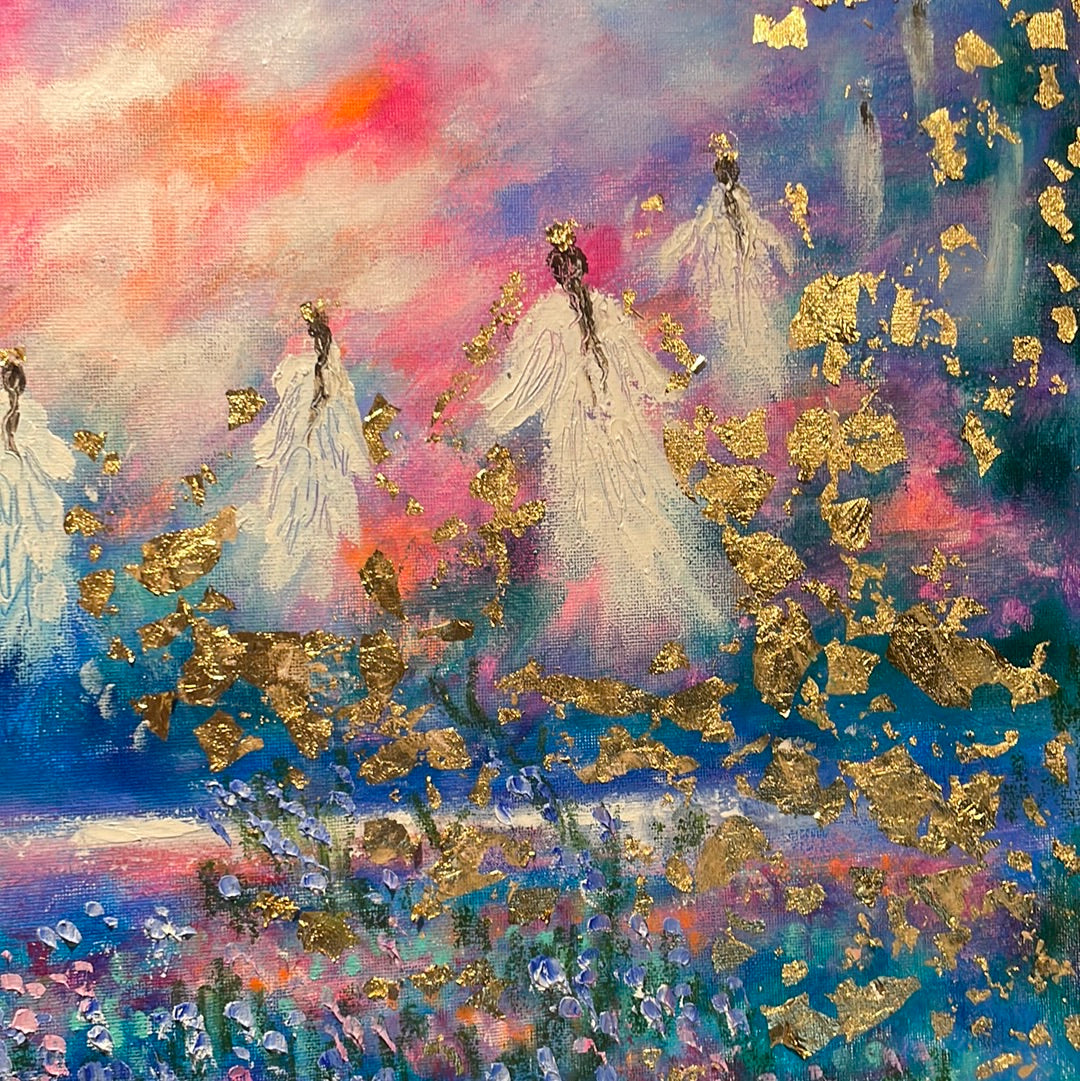 16x20x3/4 Original Painting Angels in Heavens Golden Clouds with Gold Leaf