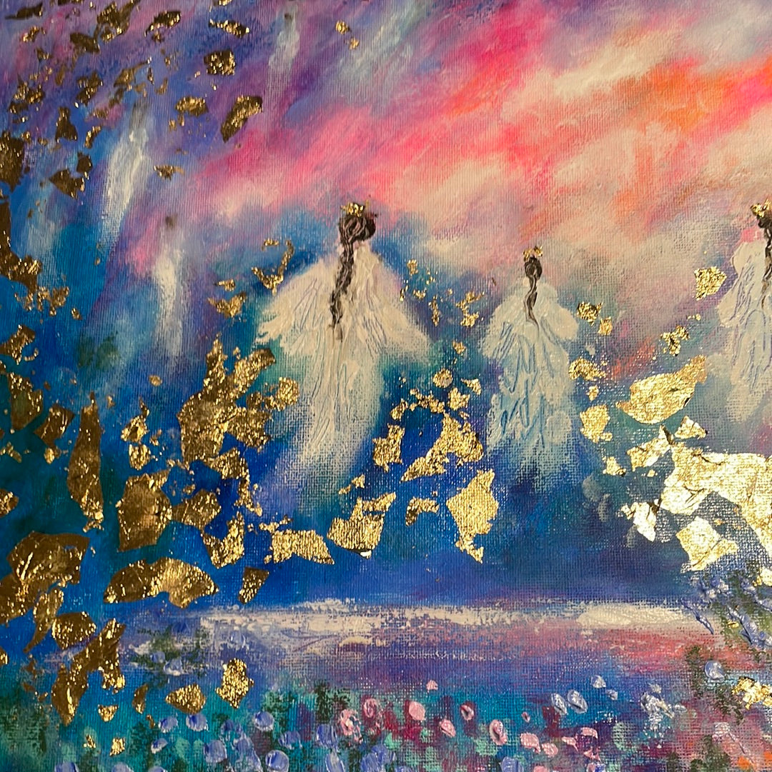 16x20x3/4 Original Painting Angels in Heavens Golden Clouds with Gold Leaf