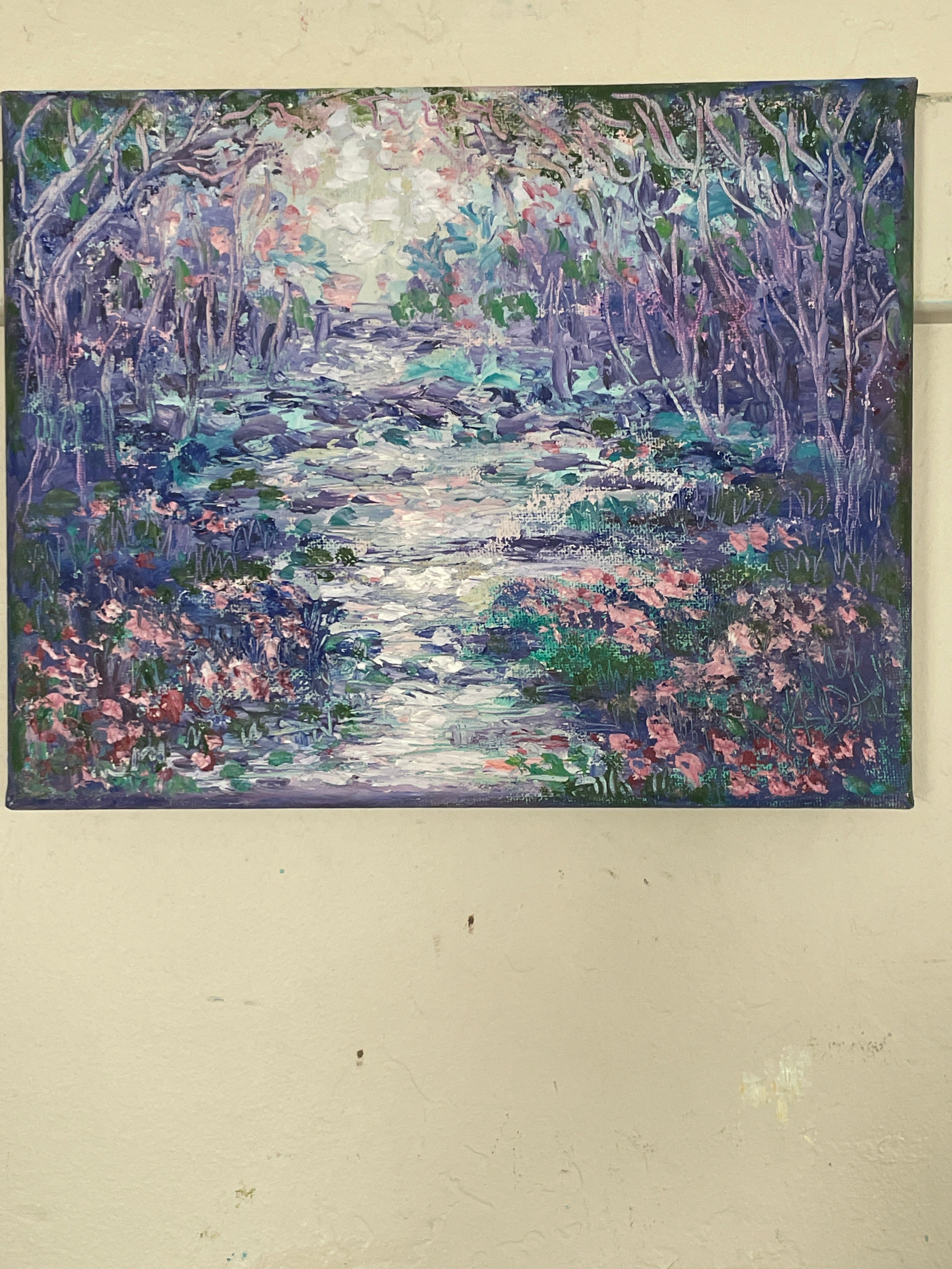 8x10 Original Painting - Abstract purple lavender stream & trees -oil painting