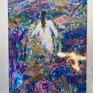 original painting -Angel in heavens Golden  flower meadow -gold leaf on paper11 x 14   -in stock