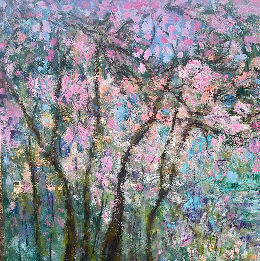 Original painting - Cherry blossom pond - 60 x 48 x 1.5 - oil