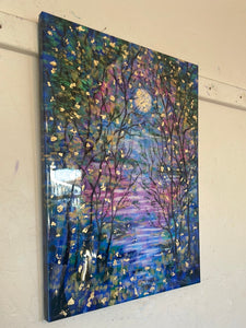 In stock - Springtime Blue Moon 18x24x1  with gold leaf