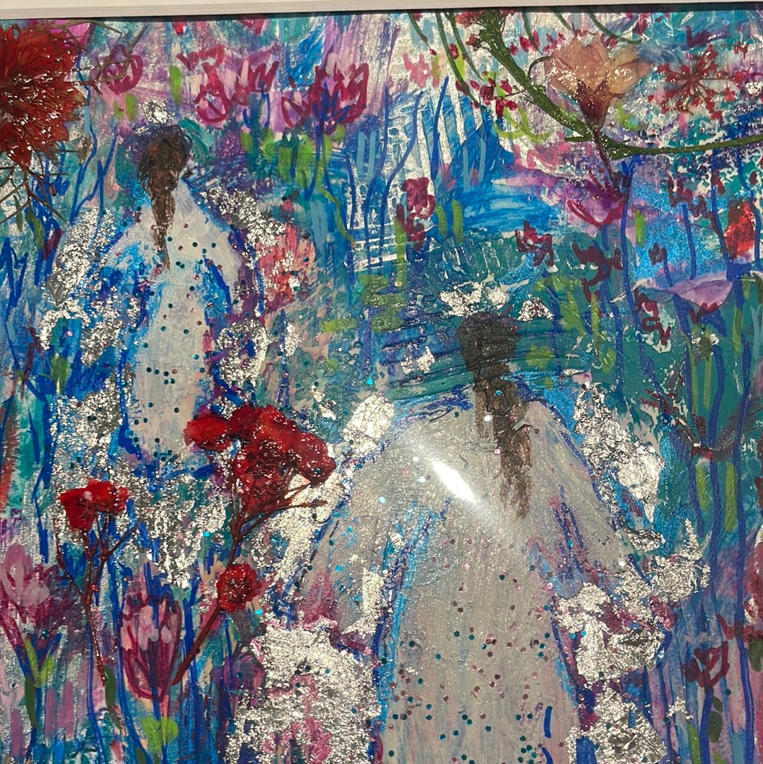 11x14 Original painting on Paper, Angels and Pressed Flowers with Silver Leaf