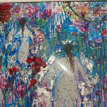Load image into Gallery viewer, Original painting on paper - Angels and pressed flowers - with silver leaf -11 x 14 Heavens blue red meadow-in stock