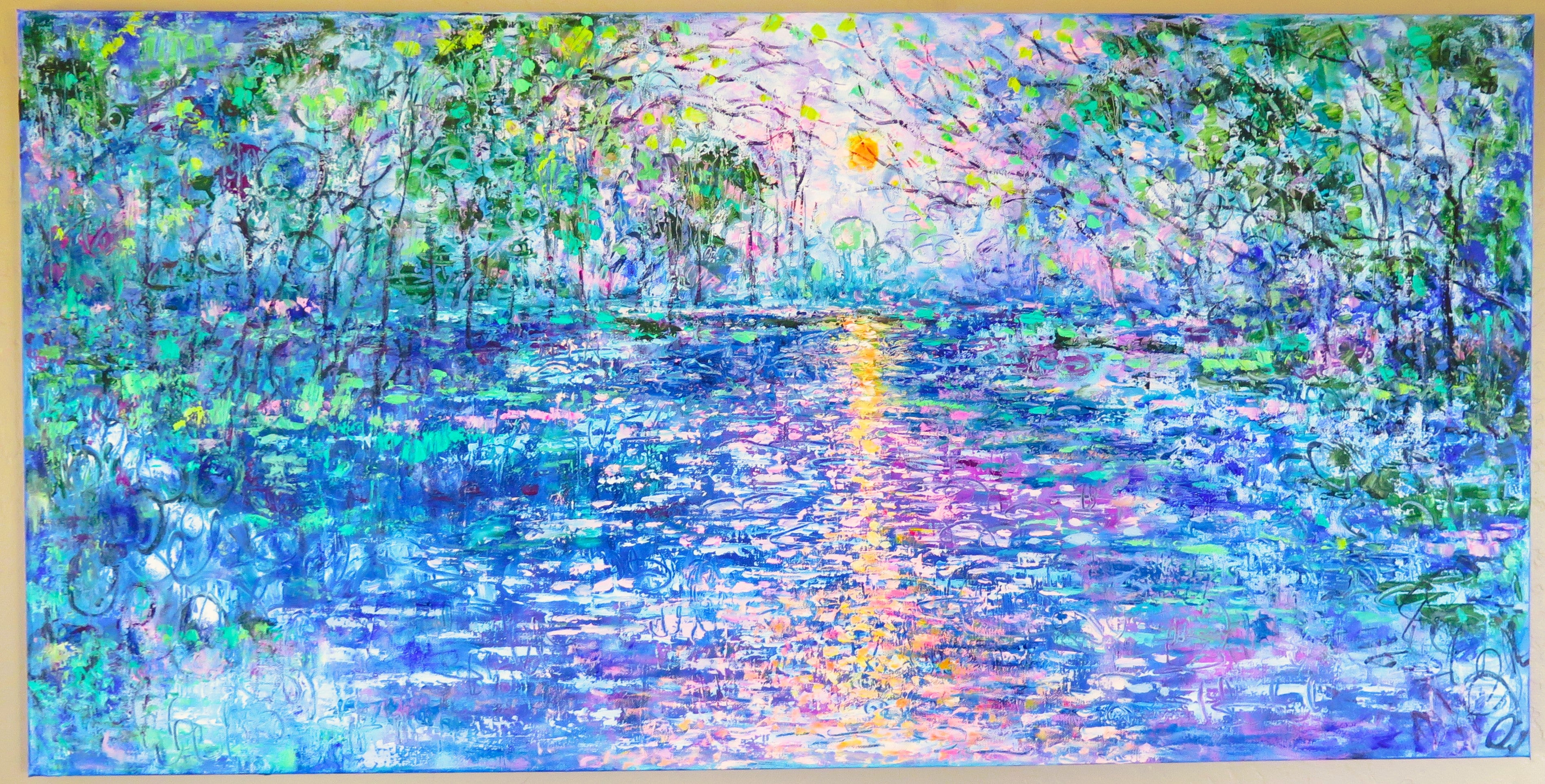 Original painting - Sunset  Stream and Teal Trees