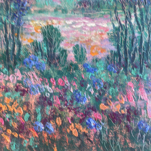Sunset oak trees , wildflowers  by  springtime pond -8 x 10