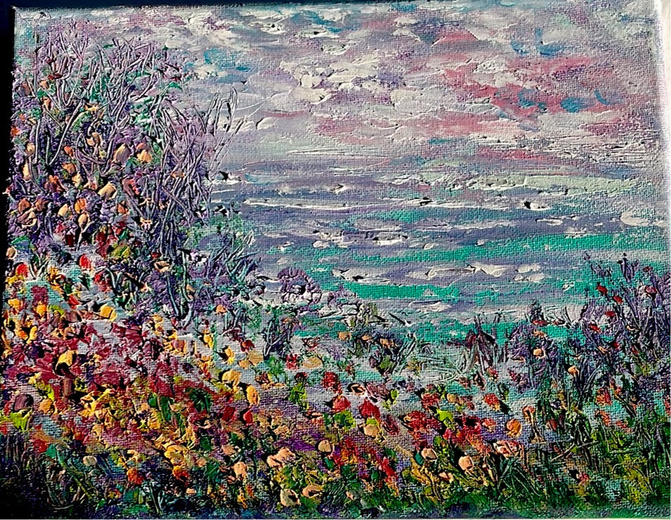 California central coast ocean and wildflowers-oil and cold wax -8 x 10
