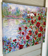 Load image into Gallery viewer, Altered Canvas Giclee Print -   Red Poppies Houses by pond
