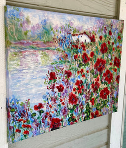 Altered Canvas Giclee Print -   Red Poppies Houses by pond