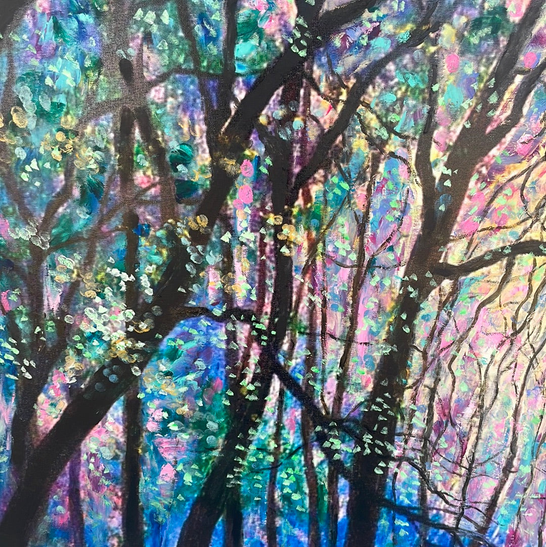 Embellished Canvas Print  -  24 x 36 - Sunshine thru the Trees - large - added oil-paint and coldwax