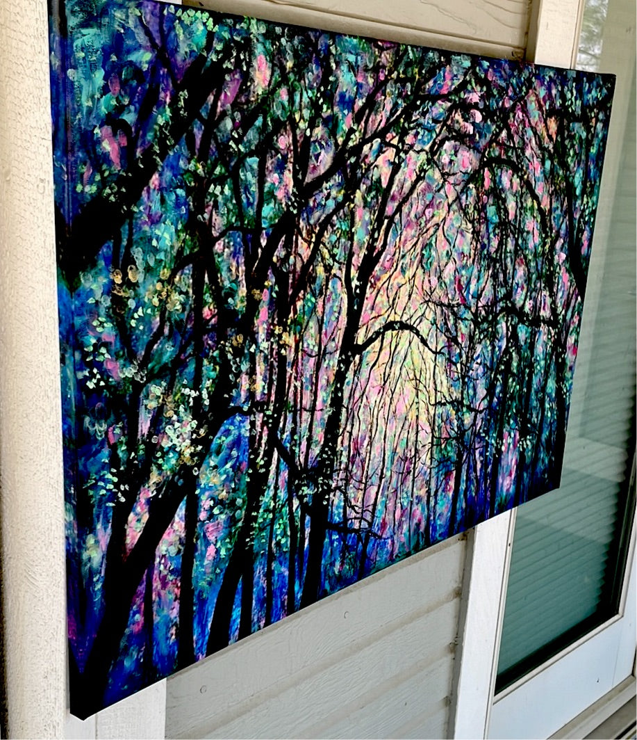 Embellished Canvas Print  -  24 x 36 - Sunshine thru the Trees - large - added oil-paint and coldwax