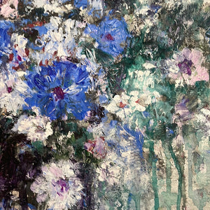 blue - charcoal floral -titled -Thankful for Flowers - wild flowers and swim pond 24 x 20x 1