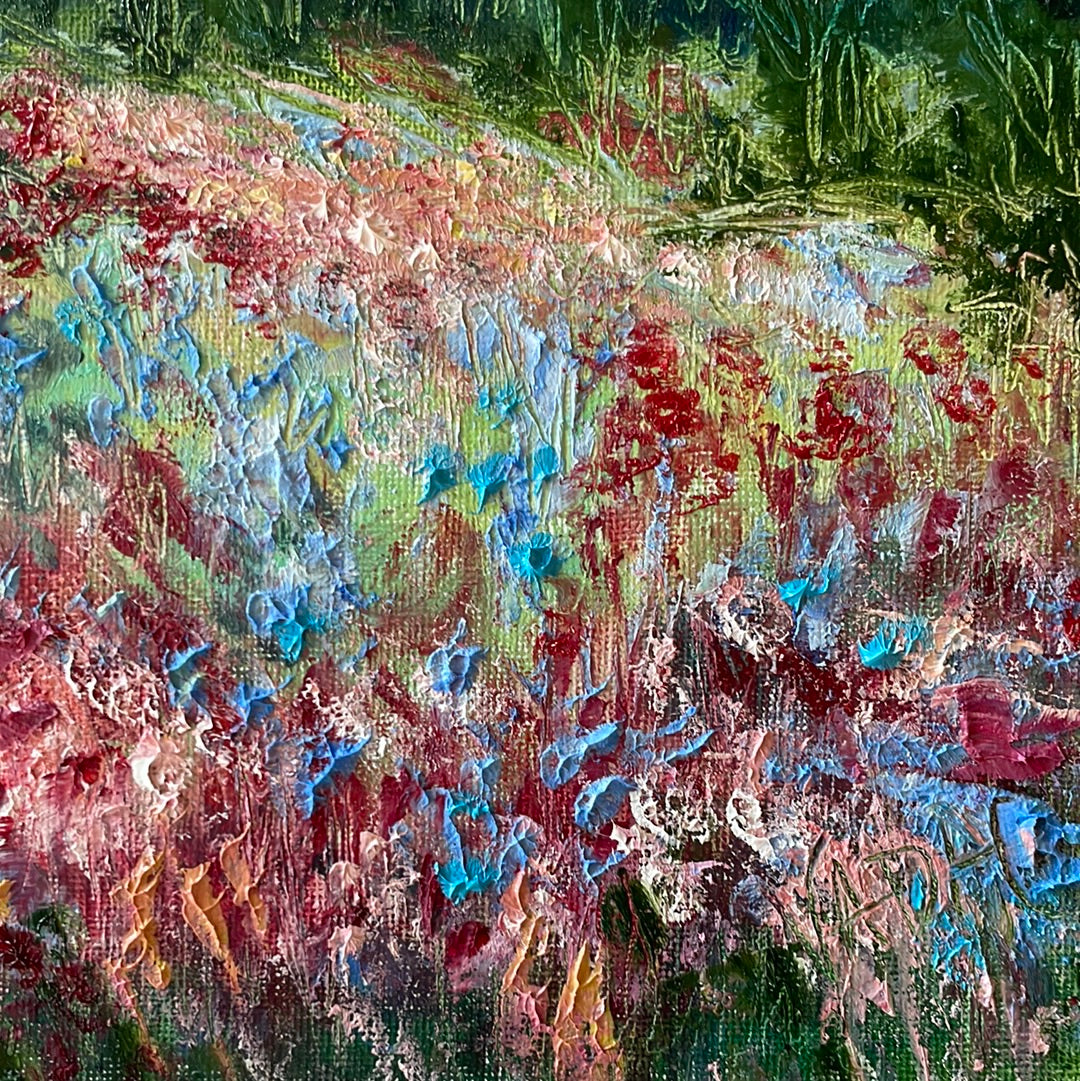 Original painting - California Central Valley -oaktrees  and wildflowers-oil and cold wax -8 x 10