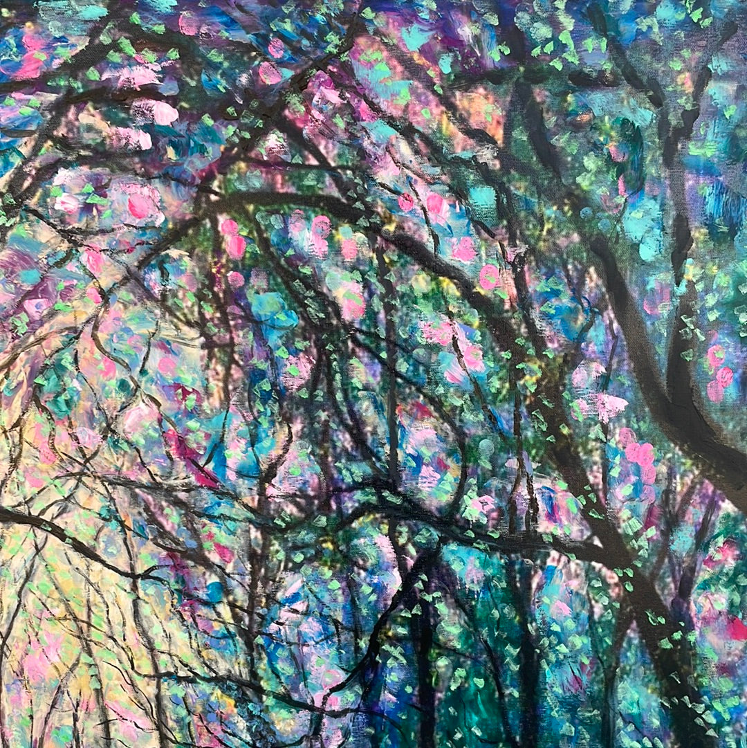 Embellished Canvas Print  -  24 x 36 - Sunshine thru the Trees - large - added oil-paint and coldwax