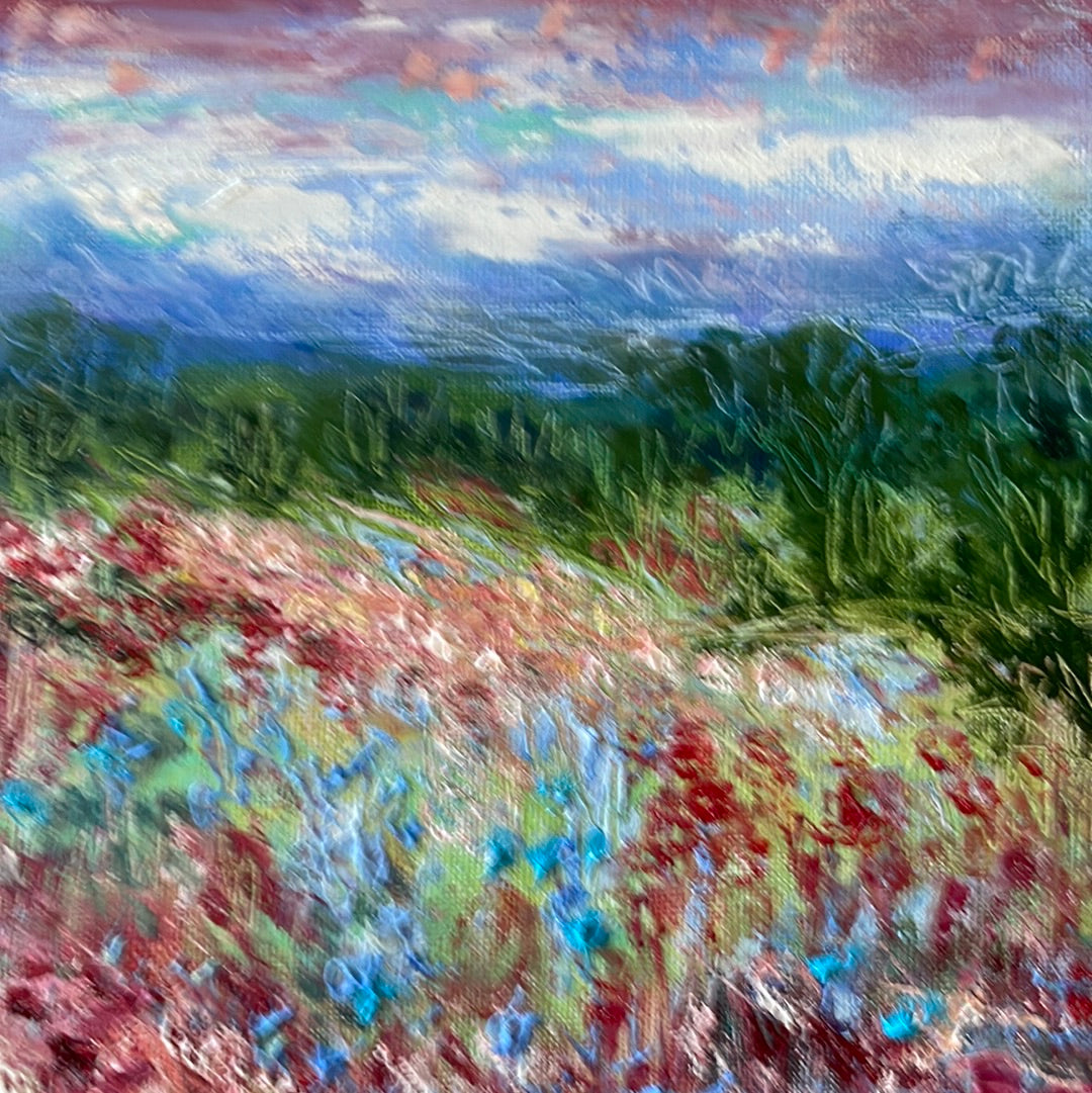 Original painting - California Central Valley -oaktrees  and wildflowers-oil and cold wax -8 x 10