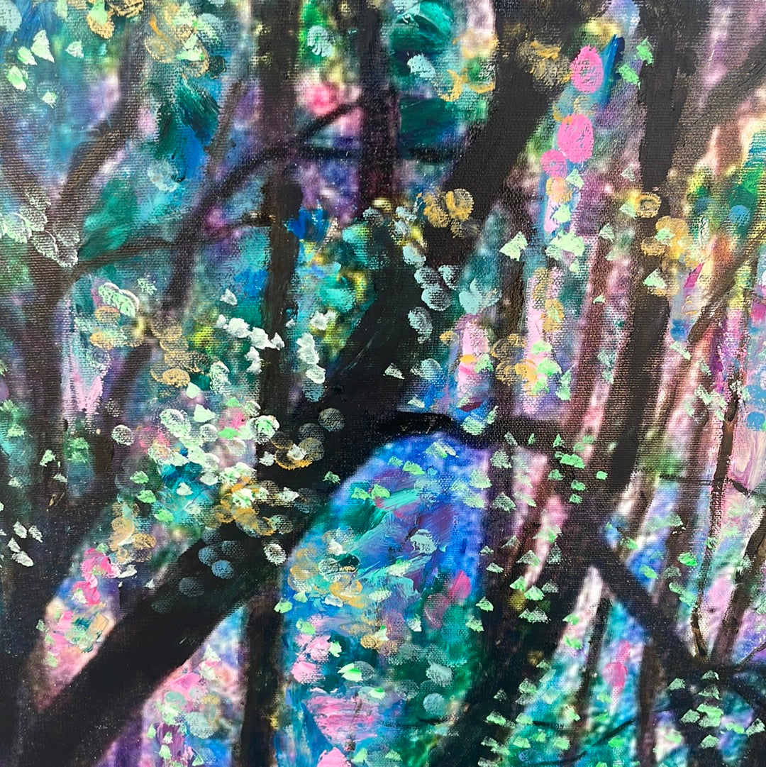 Embellished Canvas Print  -  24 x 36 - Sunshine thru the Trees - large - added oil-paint and coldwax