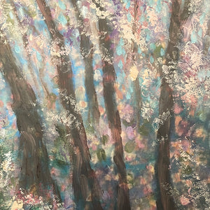 Altered Canvas Print  - Sunshine trees by pond  -blush , lt aqua , trees  large