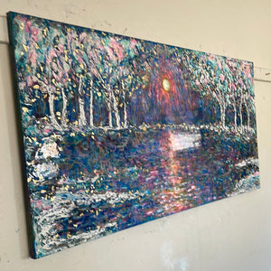 Original painting - Springtime sunny stream -large mixed medium landscape painting 48 x 24