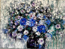 Load image into Gallery viewer, blue - charcoal floral -titled -Thankful for Flowers - wild flowers and swim pond 24 x 20x 1