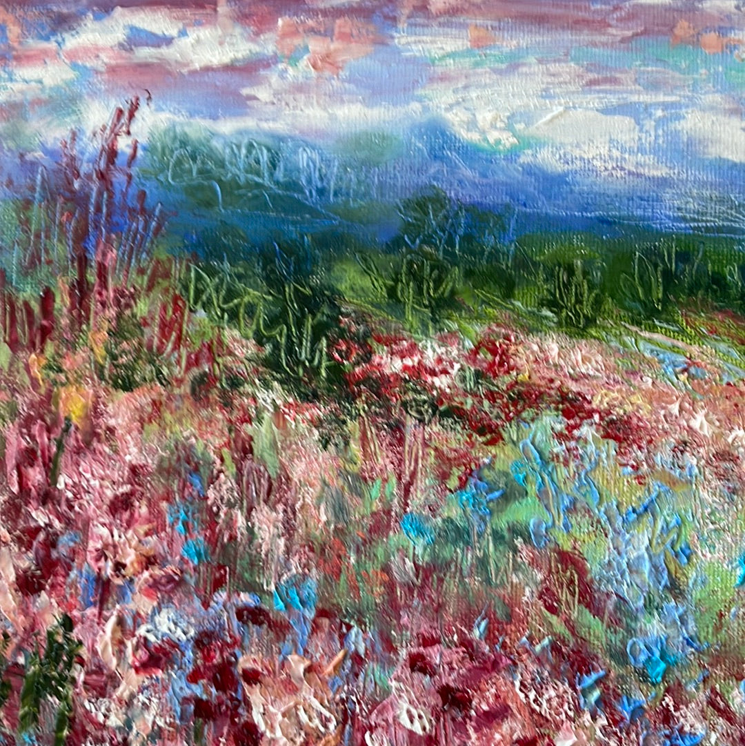 Original painting - California Central Valley -oaktrees  and wildflowers-oil and cold wax -8 x 10