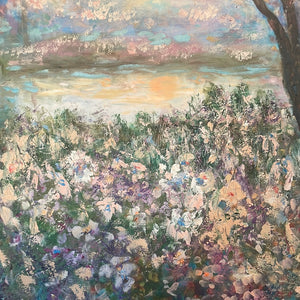 Embellished Canvas Print  - Sunshine trees by pond  -blush , lt aqua , trees  large