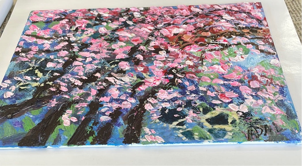 Original painting - Cherry trees blossoms -8 x 10 on canvas panel