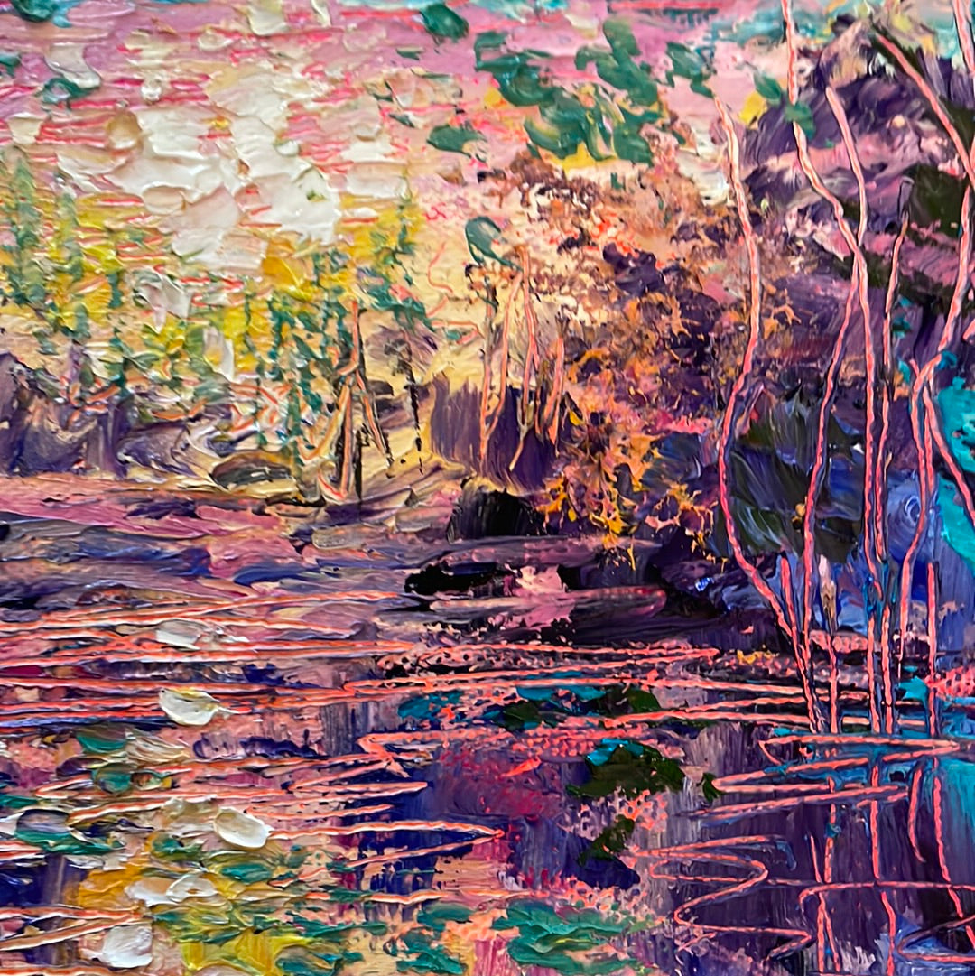 8x8x1.5 - Original Painting - Abstract purple red trees by springtime pond -oil and coldwax