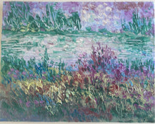 Load image into Gallery viewer, Pine trees  and pinks by  springtime pond -8 x 10