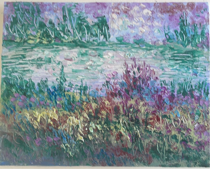 Pine trees  and pinks by  springtime pond -8 x 10