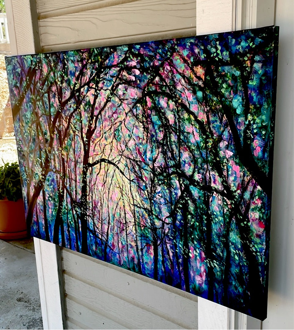 Embellished Canvas Print  -  24 x 36 - Sunshine thru the Trees - large - added oil-paint and coldwax