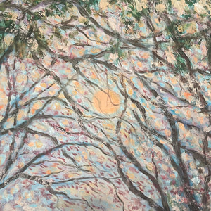 Embellished Canvas Print  - Sunshine trees by pond  -blush , lt aqua , trees  large