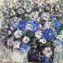 Load image into Gallery viewer, blue - charcoal floral -titled -Thankful for Flowers - wild flowers and swim pond 24 x 20x 1