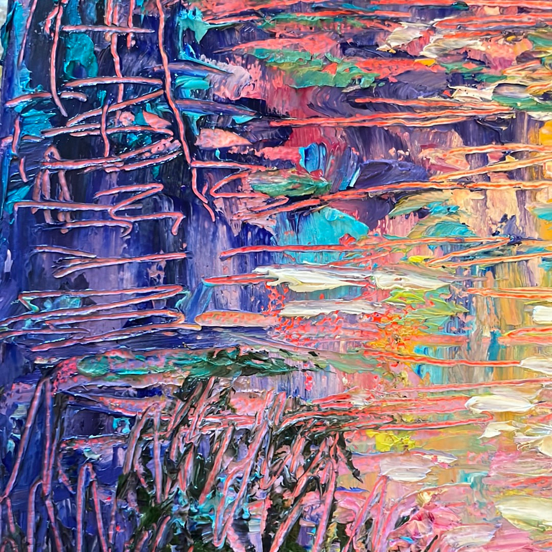 8x8x1.5 - Original Painting - Abstract purple red trees by springtime pond -oil and coldwax