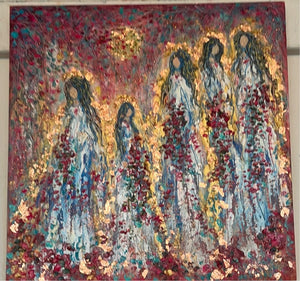 Angels in heavens golden light -12 x 12 -reds with gold leaf