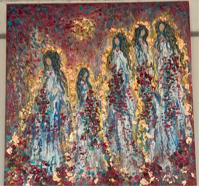 Angels in heavens golden light -12 x 12 -reds with gold leaf