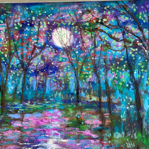 Altered Canvas Print  -Spring moon , trees on pond -16 x 20   x 7/8  large