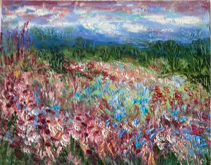 California Central Valley -oaktrees  and wildflowers-oil and cold wax -8 x 10