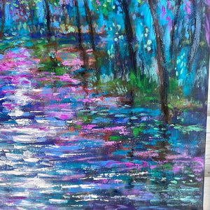 Altered Canvas Print  -Spring moon , trees on pond -16 x 20   x 7/8  large