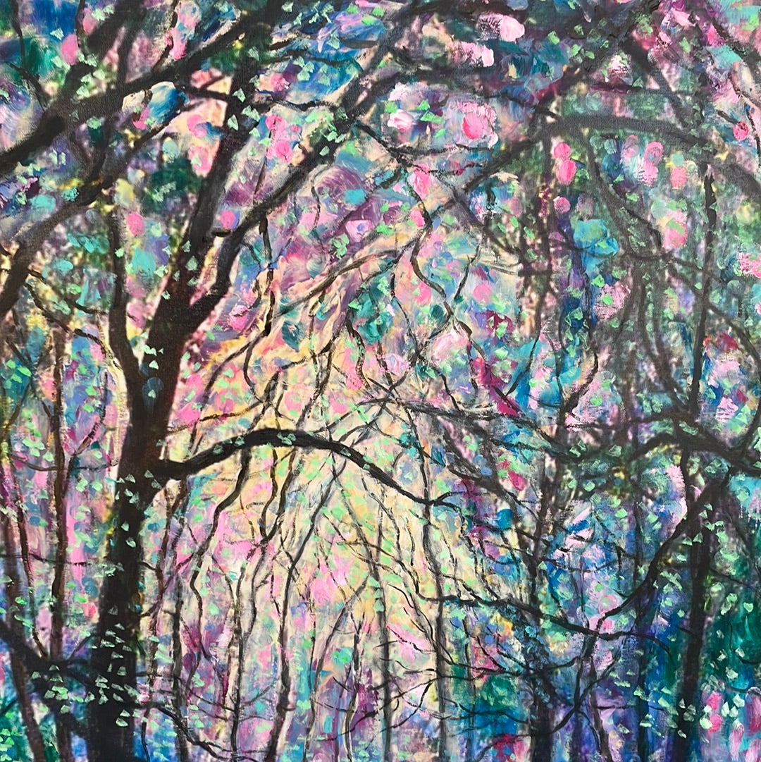 Embellished Canvas Print  -  24 x 36 - Sunshine thru the Trees - large - added oil-paint and coldwax