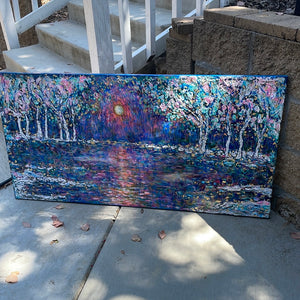 Springtime sunny stream -large mixed medium landscape painting 48 x 24