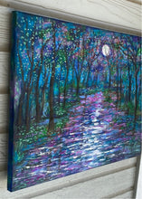 Load image into Gallery viewer, Embellished Canvas Print  -Spring moon , trees on pond -16 x 20   x 7/8  large