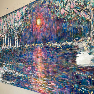Original painting - Springtime sunny stream -large mixed medium landscape painting 48 x 24