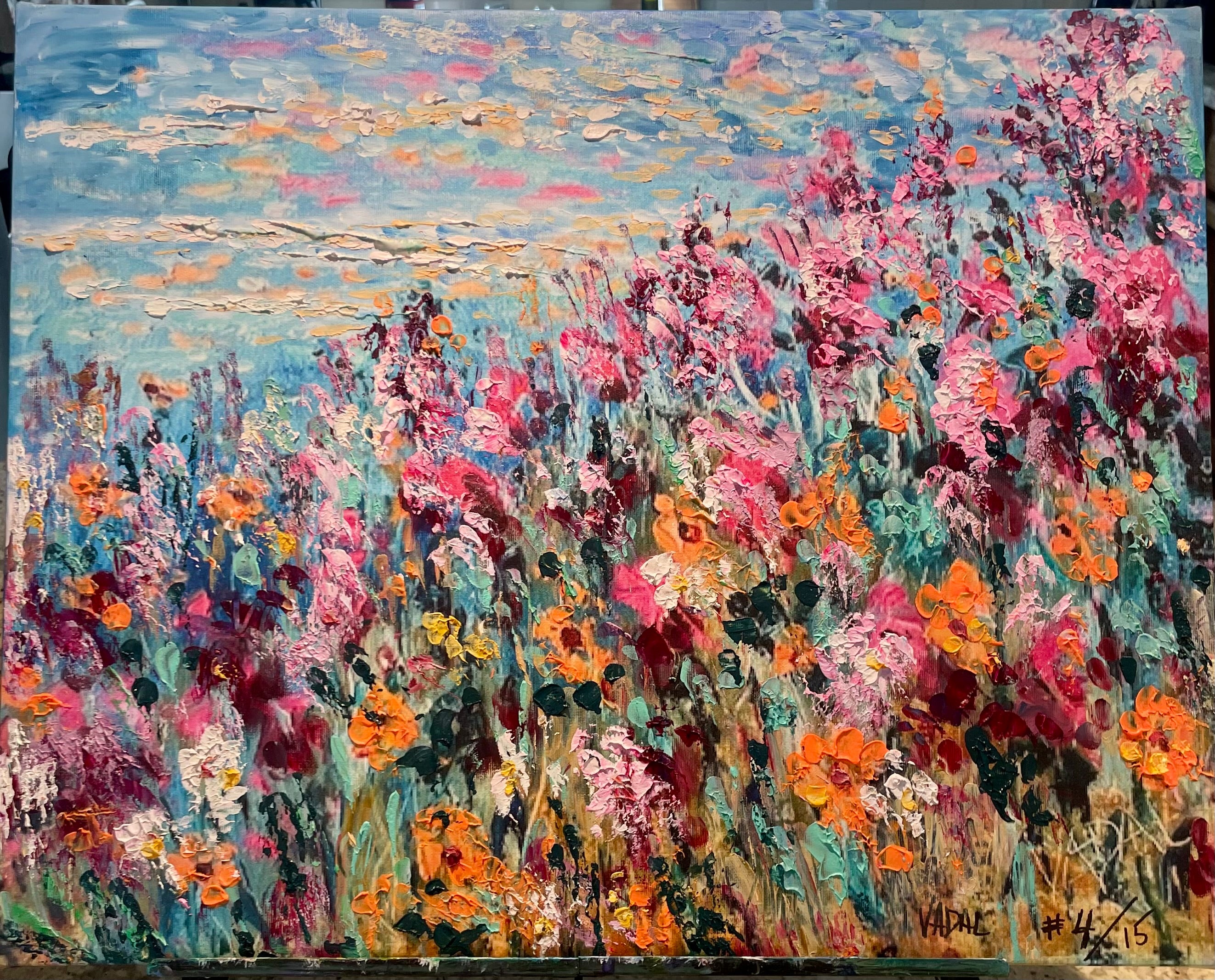 16x20x7/8 Limited edition embellished canvas print - California coastal waves and bright poppies