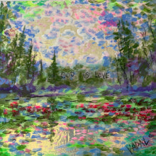Load image into Gallery viewer, God is love  -springtime trees and stream 10 x 10  x 3/4 on wood panel