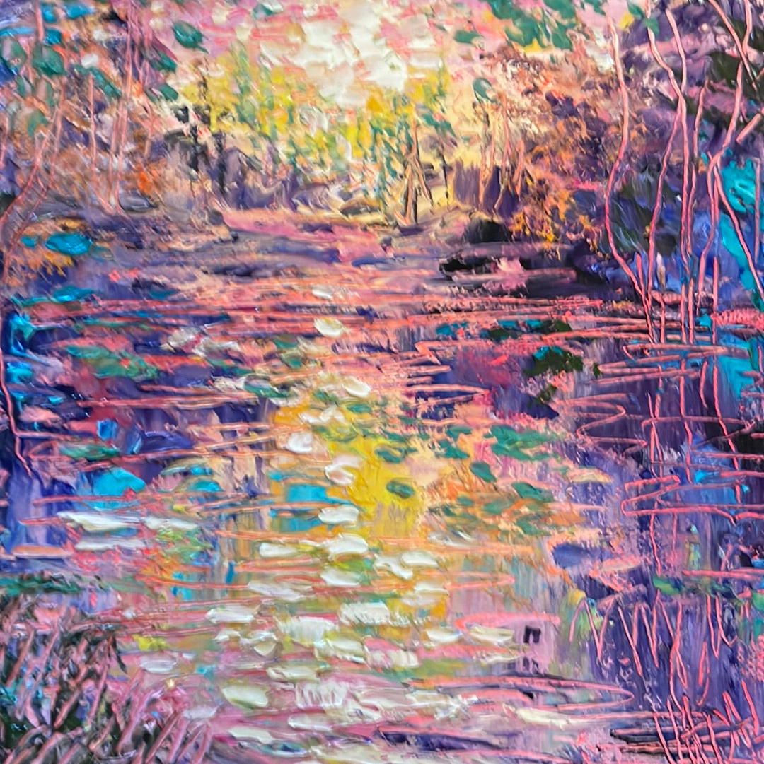 8x8x1.5 - Original Painting - Abstract purple red trees by springtime pond -oil and coldwax