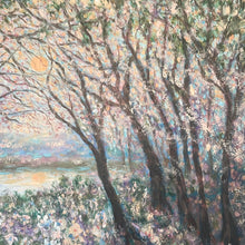 Load image into Gallery viewer, Altered Canvas Print  - Sunshine trees by pond  -blush , lt aqua , trees  large