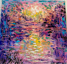 Load image into Gallery viewer, Abstract purple red trees by  springtime pond -8 x 8 x 1.5