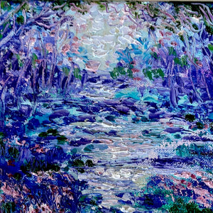 Abstract purple lavender stream & trees  -8 x 10