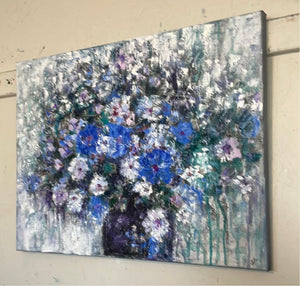 blue - charcoal floral -titled -Thankful for Flowers - wild flowers and swim pond 24 x 20x 1