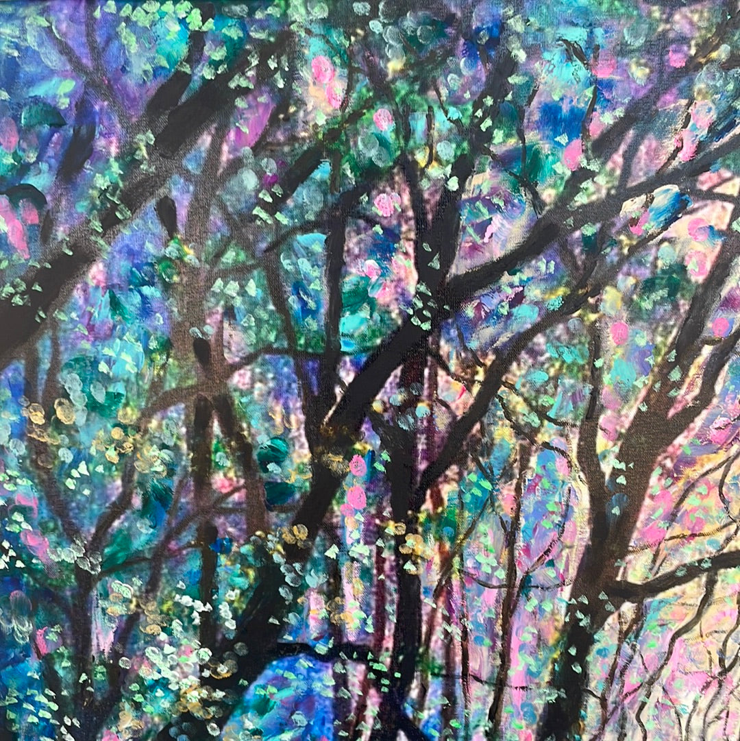 Embellished Canvas Print  -  24 x 36 - Sunshine thru the Trees - large - added oil-paint and coldwax